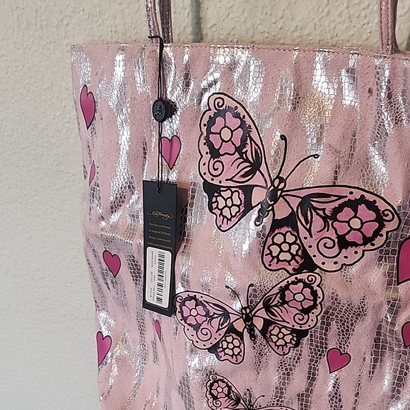 Ed Hardy Pink and Silver Butterfly Heart Tote - Picture 10 of 12